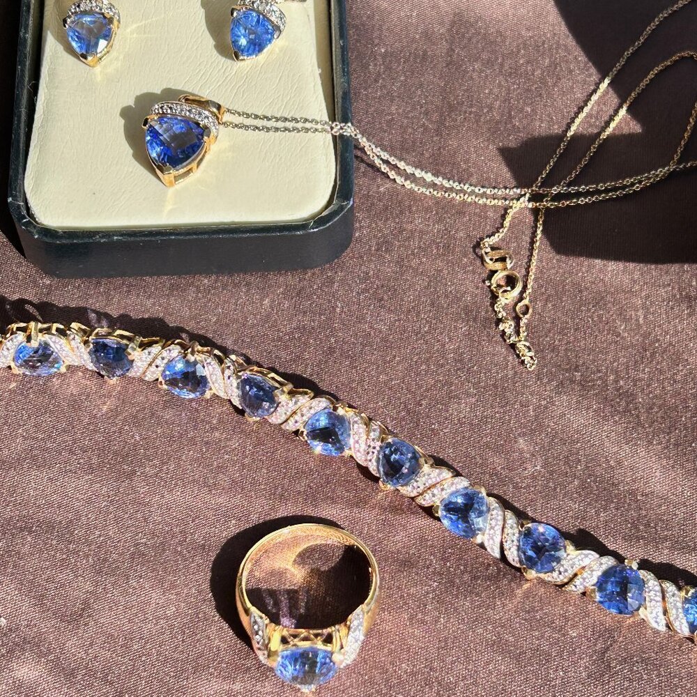 Blue Trillion Cut Sterling Silver Gold Vermeil 4 pc Set Ring Size 10